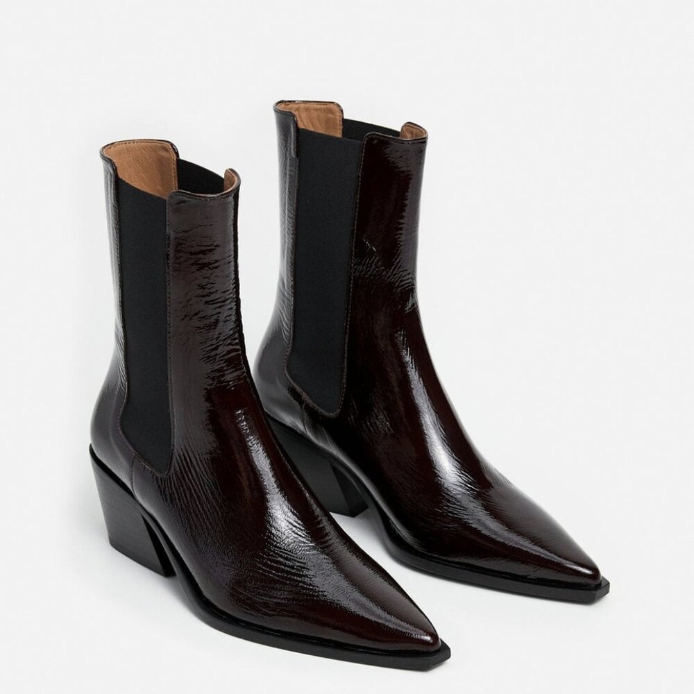 NEW Flattered Sandra Boot in Burgundy LEATHER SHINY ANKLE HEEL COWBOY
